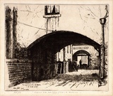 Artist: Cobb, Victor. | Title: Approach to the old stables of Cobb and Co., Melbourne. | Date: 1926 | Technique: etching, printed in warm black ink, from one plate