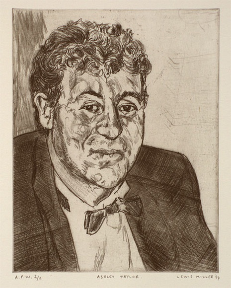 Artist: b'Miller, Lewis.' | Title: b'Ashley Taylor' | Date: 1994 | Technique: b'etching, printed in black ink, from one plate' | Copyright: b'\xc2\xa9 Lewis Miller. Licensed by VISCOPY, Australia' Artist: b'Miller, Lewis.' | Title: b'Ashley Taylor' | Date: 1994 | Technique: b'etching, printed in black ink, from one plate' | Copyright: b'\xc2\xa9 Lewis Miller. Licensed by VISCOPY, Australia'