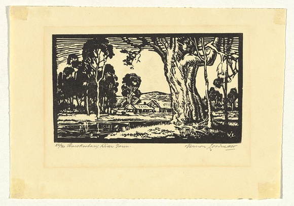 Artist: b'Lorimer, Vernon.' | Title: b'Hawkesbury River Farm' | Date: c.1935 | Technique: b'linocut, printed in black ink, from one block' Artist: b'Lorimer, Vernon.' | Title: b'Hawkesbury River Farm' | Date: c.1935 | Technique: b'linocut, printed in black ink, from one block'