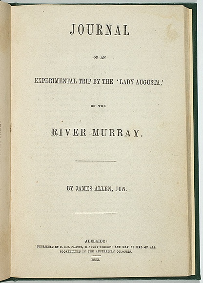 Artist: b'SCHRAMM, Alexander' | Title: bAllen, James Jr. Journal of an experimental trip by the 'Lady Augusta' on the River Murray. Adelaide; C.G.E. Platts, 1853. | Date: 1853 | Technique: b'lithograph, printed in black ink, from one stone; leterpress text' Artist: b'SCHRAMM, Alexander' | Title: bAllen, James Jr. Journal of an experimental trip by the 'Lady Augusta' on the River Murray. Adelaide; C.G.E. Platts, 1853. | Date: 1853 | Technique: b'lithograph, printed in black ink, from one stone; leterpress text'