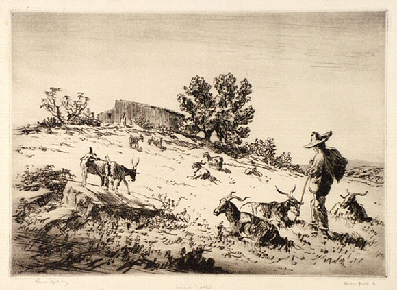 Artist: b'LINDSAY, Lionel' | Title: b'A Sicilian goatherd near Syracuse' | Date: 1927 | Technique: b'drypoint, printed in brown ink with plate-tone, from one plate' | Copyright: b'Courtesy of the National Library of Australia' Artist: b'LINDSAY, Lionel' | Title: b'A Sicilian goatherd near Syracuse' | Date: 1927 | Technique: b'drypoint, printed in brown ink with plate-tone, from one plate' | Copyright: b'Courtesy of the National Library of Australia'