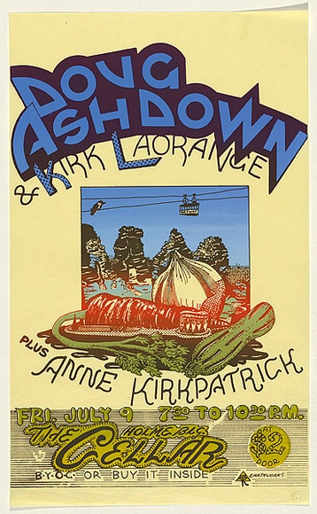 Artist: b'EARTHWORKS POSTER COLLECTIVE' | Title: b'Doug Ashdown & Kirk Laorange.' | Date: 1976 | Technique: b'screenprint, printed in colour, from two stencils' Artist: b'EARTHWORKS POSTER COLLECTIVE' | Title: b'Doug Ashdown & Kirk Laorange.' | Date: 1976 | Technique: b'screenprint, printed in colour, from two stencils'