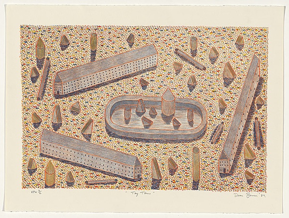Artist: b'Bowen, Dean.' | Title: b'Toy town' | Date: 1989 | Technique: b'lithograph, printed in colour, from multiple stones' Artist: b'Bowen, Dean.' | Title: b'Toy town' | Date: 1989 | Technique: b'lithograph, printed in colour, from multiple stones'
