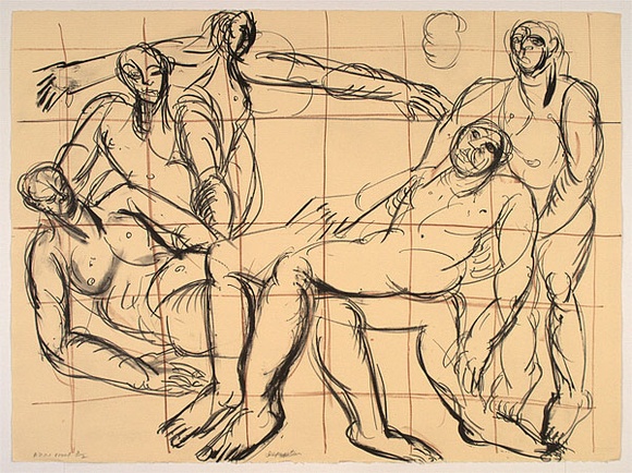 Artist: b'Furlonger, Joe.' | Title: b'Deposition (5 figures in black with brown grid)' | Date: 1989 | Technique: b'lithograph, printed in colour, from two stones (black and red)' Artist: b'Furlonger, Joe.' | Title: b'Deposition (5 figures in black with brown grid)' | Date: 1989 | Technique: b'lithograph, printed in colour, from two stones (black and red)'