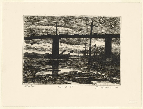 Artist: b'AMOR, Rick' | Title: b'Lorimer Street' | Date: 2001, July | Technique: b'etching, printed in black ink, from one plate' | Copyright: b'Image reproduced courtesy the artist and Niagara Galleries, Melbourne' Artist: b'AMOR, Rick' | Title: b'Lorimer Street' | Date: 2001, July | Technique: b'etching, printed in black ink, from one plate' | Copyright: b'Image reproduced courtesy the artist and Niagara Galleries, Melbourne'