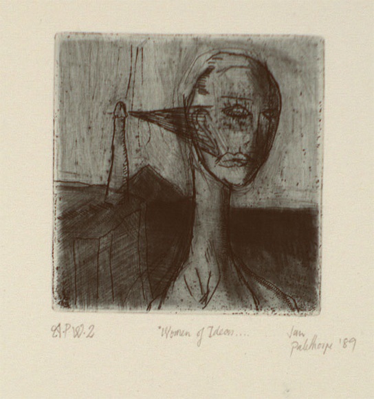 Artist: b'Palethorpe, Jan' | Title: b'Woman of ideas' | Date: 1989 | Technique: b'etching, printed in blue ink with plate-tone, from one plate' Artist: b'Palethorpe, Jan' | Title: b'Woman of ideas' | Date: 1989 | Technique: b'etching, printed in blue ink with plate-tone, from one plate'