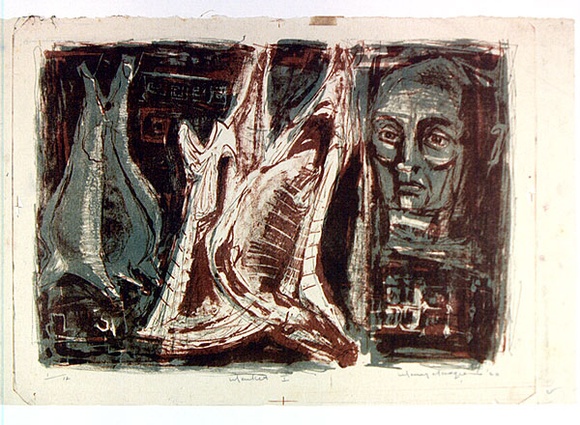 Artist: b'MACQUEEN, Mary' | Title: b'Market I' | Date: 1960 | Technique: b'lithograph, printed in colour, from multiple plates' | Copyright: b'Courtesy Paulette Calhoun, for the estate of Mary Macqueen' Artist: b'MACQUEEN, Mary' | Title: b'Market I' | Date: 1960 | Technique: b'lithograph, printed in colour, from multiple plates' | Copyright: b'Courtesy Paulette Calhoun, for the estate of Mary Macqueen'