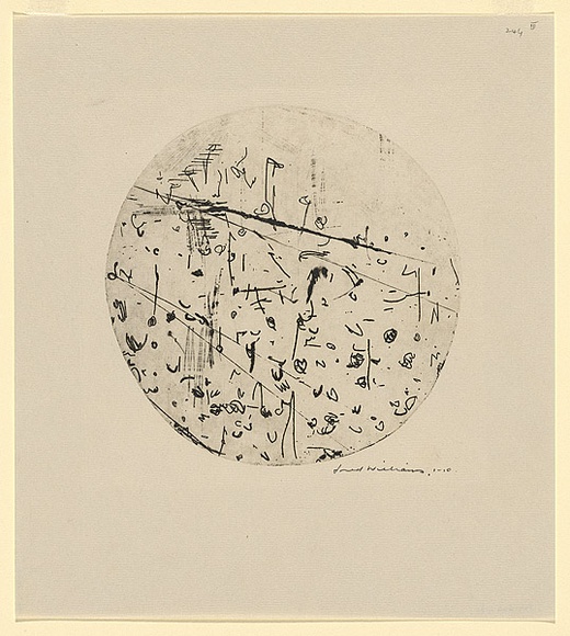 Artist: b'WILLIAMS, Fred' | Title: b'Circular hillside landscape' | Date: 1966-67 | Technique: b'etching, engraving, drypoint, mezzotint rocker, printed in black ink, from one copper plate' | Copyright: b'\xc2\xa9 Fred Williams Estate' Artist: b'WILLIAMS, Fred' | Title: b'Circular hillside landscape' | Date: 1966-67 | Technique: b'etching, engraving, drypoint, mezzotint rocker, printed in black ink, from one copper plate' | Copyright: b'\xc2\xa9 Fred Williams Estate'
