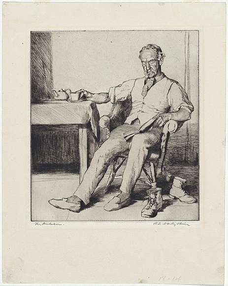 Artist: b'Darbyshire, Beatrice.' | Title: b'The bachelor.' | Date: 1926 | Technique: b'drypoint printed with plate-tone, from one copper plate' Artist: b'Darbyshire, Beatrice.' | Title: b'The bachelor.' | Date: 1926 | Technique: b'drypoint printed with plate-tone, from one copper plate'