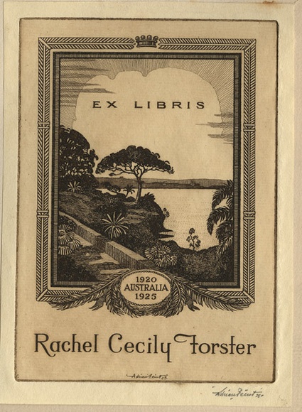 Artist: b'FEINT, Adrian' | Title: b'Bookplate: Rachel Cecily Forster.' | Date: 1925 | Technique: b'etching, printed in brown ink with plate-tone, from one plate' | Copyright: b'Courtesy the Estate of Adrian Feint' Artist: b'FEINT, Adrian' | Title: b'Bookplate: Rachel Cecily Forster.' | Date: 1925 | Technique: b'etching, printed in brown ink with plate-tone, from one plate' | Copyright: b'Courtesy the Estate of Adrian Feint'