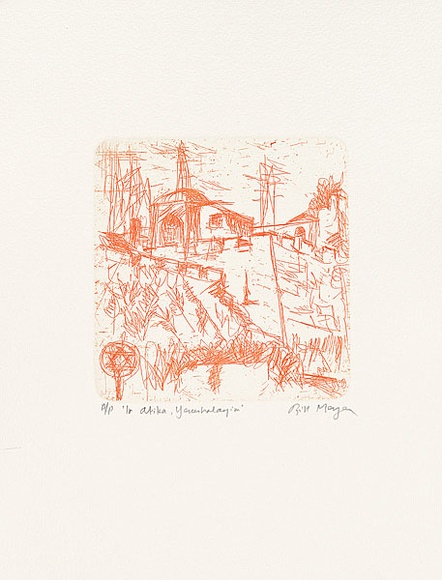Artist: b'MEYER, Bill' | Title: b'Ir Atika, Yerushalayim' | Date: 1992 | Technique: b'etching, printed in red/orange ink, from one zinc plate' | Copyright: b'\xc2\xa9 Bill Meyer'