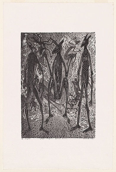 Artist: b'Hayward Pooaraar, Bevan.' | Title: b'Yongas (Kangaroos) Spiritual Concerns' | Date: 1988 | Technique: b'lithograph' Artist: b'Hayward Pooaraar, Bevan.' | Title: b'Yongas (Kangaroos) Spiritual Concerns' | Date: 1988 | Technique: b'lithograph'