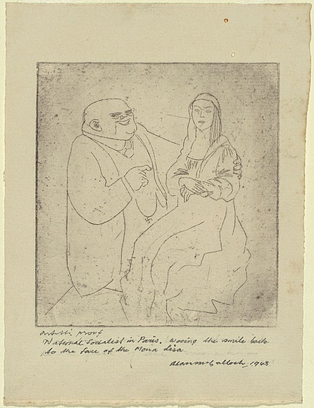Artist: b'McCulloch, Alan.' | Title: b'National Socialist in Paris. Wooing the smile back to the face of the Mona Lisa.' | Date: 1943 | Technique: b'etching and foul biting, printed in black ink with plate-tone, from one plate' Artist: b'McCulloch, Alan.' | Title: b'National Socialist in Paris. Wooing the smile back to the face of the Mona Lisa.' | Date: 1943 | Technique: b'etching and foul biting, printed in black ink with plate-tone, from one plate'