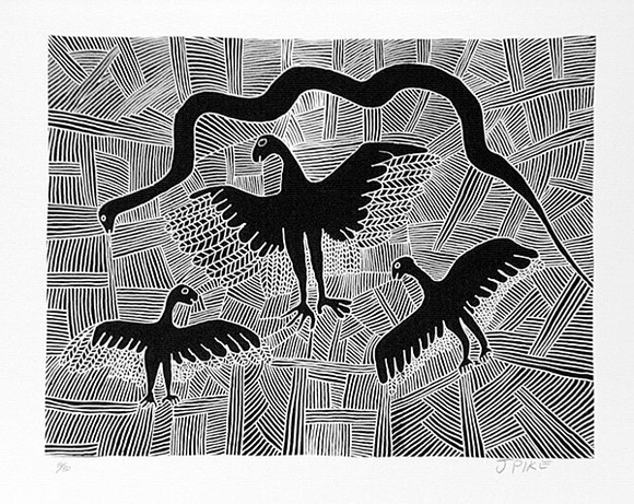 Artist: b'Pike, Jimmy.' | Title: b'Kirrkirr - Chicken hawk' | Date: 1985 | Technique: b'screenprint, printed in black ink, from one stencil' Artist: b'Pike, Jimmy.' | Title: b'Kirrkirr - Chicken hawk' | Date: 1985 | Technique: b'screenprint, printed in black ink, from one stencil'