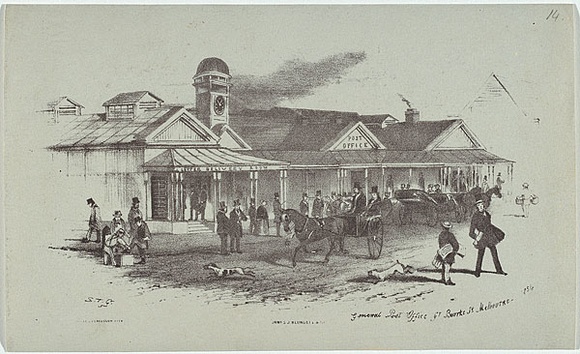 Artist: b'GILL, S.T.' | Title: b'General Post Office, Bourke st Melbourne' | Date: 1854 | Technique: b'lithograph, printed in black ink, from one stone' Artist: b'GILL, S.T.' | Title: b'General Post Office, Bourke st Melbourne' | Date: 1854 | Technique: b'lithograph, printed in black ink, from one stone'
