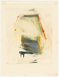 Artist: b'Maguire, Tim.' | Title: b'Not titled [monoprint of white, red and yellow, blue marks at centre]' | Date: 1982 | Technique: b'monoprint, printed in colour, from one plate'