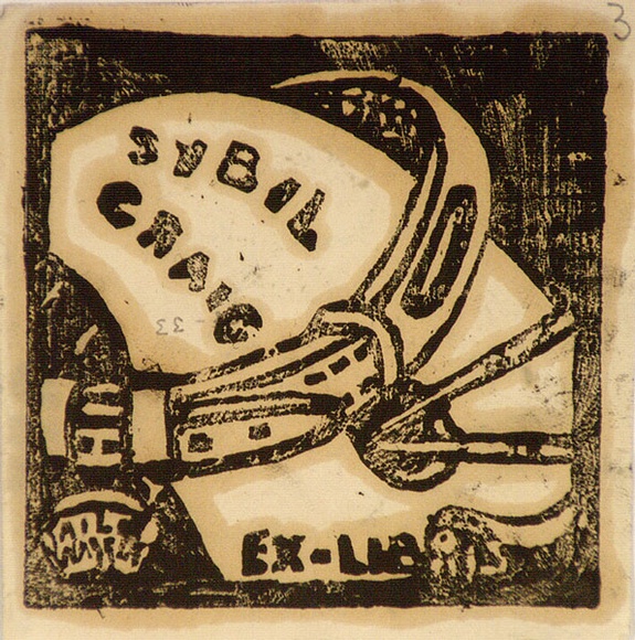Artist: b'Craig, Sybil.' | Title: b'Bookplate: Sybil Craig (tail wagger).' | Technique: b'linocut, printed in black ink, from one block' Artist: b'Craig, Sybil.' | Title: b'Bookplate: Sybil Craig (tail wagger).' | Technique: b'linocut, printed in black ink, from one block'