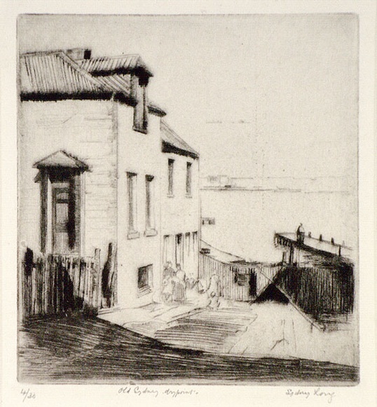 Artist: b'Long, Sydney.' | Title: b'Windmill Street, Old Sydney [1].' | Date: 1926 | Technique: b'drypoint, printed in black ink, from one copper plate' | Copyright: b'Reproduced with the kind permission of the Ophthalmic Research Institute of Australia'