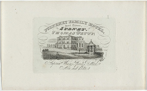 Artist: b'Moffitt, William.' | Title: b'Trade card: Pulteney Family Hotel.' | Date: 1835 | Technique: b'engraving, printed in blue ink, from one copper plate' Artist: b'Moffitt, William.' | Title: b'Trade card: Pulteney Family Hotel.' | Date: 1835 | Technique: b'engraving, printed in blue ink, from one copper plate'