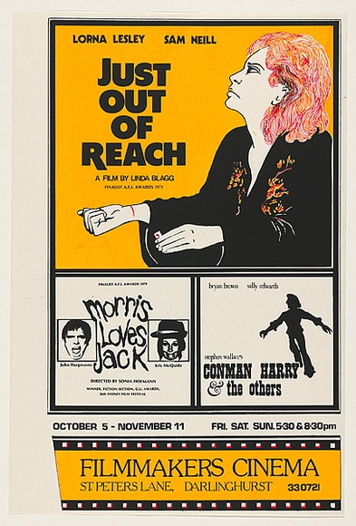Artist: b'MACKINOLTY, Chips' | Title: b'Just out of reach. A film by Linda Bragg... Filmmakers Cinema.' | Date: 1979 | Technique: b'screenprint, printed in colour, from three stencils' Artist: b'MACKINOLTY, Chips' | Title: b'Just out of reach. A film by Linda Bragg... Filmmakers Cinema.' | Date: 1979 | Technique: b'screenprint, printed in colour, from three stencils'