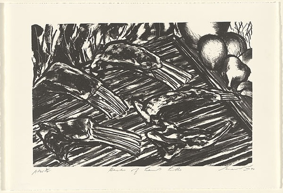 Artist: b'Lee, Graeme.' | Title: b'Racks of lamb litho' | Date: 1997, March | Technique: b'lithograph, printed in black ink, from one stone' Artist: b'Lee, Graeme.' | Title: b'Racks of lamb litho' | Date: 1997, March | Technique: b'lithograph, printed in black ink, from one stone'