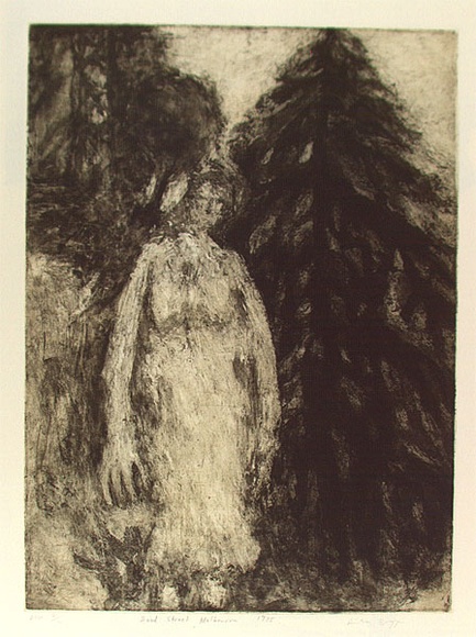Artist: b'Bragge, Anita.' | Title: b'Hood Street, Melbourne 1975' | Date: 1999, July | Technique: b'etching, open-bite and aquatint, printed in green ink, from one plate' Artist: b'Bragge, Anita.' | Title: b'Hood Street, Melbourne 1975' | Date: 1999, July | Technique: b'etching, open-bite and aquatint, printed in green ink, from one plate'