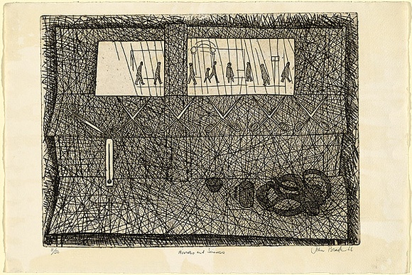 Artist: Brack, John. | Title: Mirrors and scissors. | Date: 1966 | Technique: etching, printed in black ink, from one copper plate | Copyright: © Helen Brack Artist: Brack, John. | Title: Mirrors and scissors. | Date: 1966 | Technique: etching, printed in black ink, from one copper plate | Copyright: © Helen Brack
