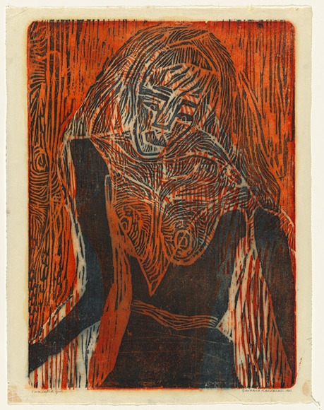 Artist: b'HANRAHAN, Barbara' | Title: b'Tormented girl' | Date: 1962 | Technique: b'woodcut, printed in colour, from two blocks' Artist: b'HANRAHAN, Barbara' | Title: b'Tormented girl' | Date: 1962 | Technique: b'woodcut, printed in colour, from two blocks'
