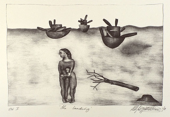 Artist: b'Doggett-Williams, Phillip.' | Title: b'The landing' | Date: 1988, July | Technique: b'lithograph, printed in black ink, from one stone' Artist: b'Doggett-Williams, Phillip.' | Title: b'The landing' | Date: 1988, July | Technique: b'lithograph, printed in black ink, from one stone'