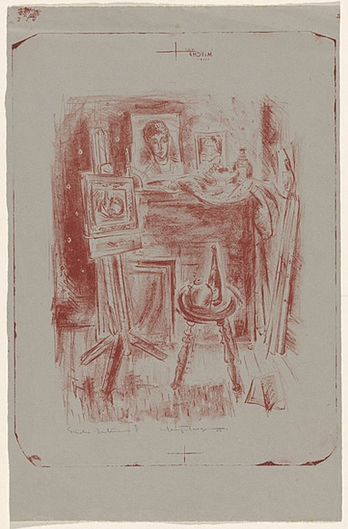 Artist: b'MACQUEEN, Mary' | Title: b'Studio interior' | Date: 1956 | Technique: b'lithograph, printed in red ink, from one plate' | Copyright: b'Courtesy Paulette Calhoun, for the estate of Mary Macqueen' Artist: b'MACQUEEN, Mary' | Title: b'Studio interior' | Date: 1956 | Technique: b'lithograph, printed in red ink, from one plate' | Copyright: b'Courtesy Paulette Calhoun, for the estate of Mary Macqueen'