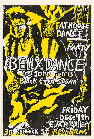 Artist: b'WORSTEAD, Paul' | Title: b'Fat House dance ... party - Belly Dance D.J John Ferris' | Date: 1988 | Technique: b'screenprint, printed in colour, from two stencils' | Copyright: b'This work appears on screen courtesy of the artist' Artist: b'WORSTEAD, Paul' | Title: b'Fat House dance ... party - Belly Dance D.J John Ferris' | Date: 1988 | Technique: b'screenprint, printed in colour, from two stencils' | Copyright: b'This work appears on screen courtesy of the artist'