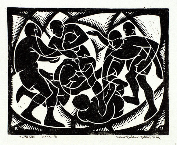 Artist: b'Hawkins, Weaver.' | Title: b'On the ball' | Date: 1965 | Technique: b'linocut, printed in black ink, from one block' | Copyright: b'The Estate of H.F Weaver Hawkins' Artist: b'Hawkins, Weaver.' | Title: b'On the ball' | Date: 1965 | Technique: b'linocut, printed in black ink, from one block' | Copyright: b'The Estate of H.F Weaver Hawkins'