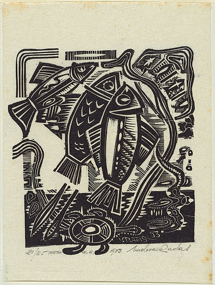 Artist: b'Ratas, Vaclovas.' | Title: b'Fish' | Date: 1953 | Technique: b'woodcut, printed in black ink, from one block'