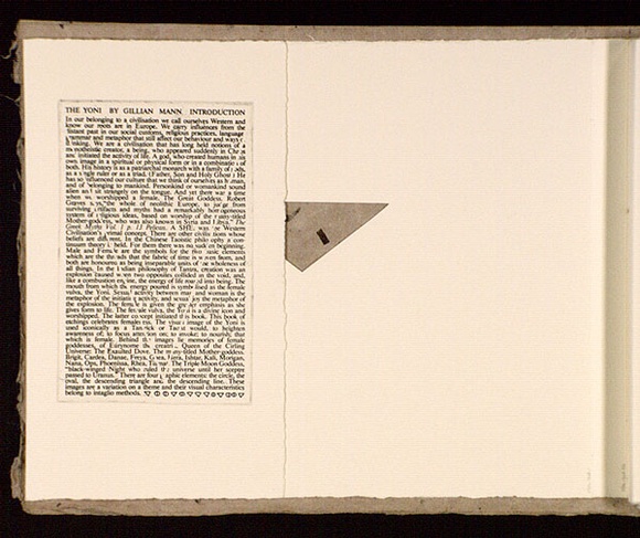 Artist: b'Mann, Gillian.' | Title: b'(Triangle cut-out, and text of introduction).' | Date: 1981 | Technique: b'etching, printed in black ink, from one plate' Artist: b'Mann, Gillian.' | Title: b'(Triangle cut-out, and text of introduction).' | Date: 1981 | Technique: b'etching, printed in black ink, from one plate'