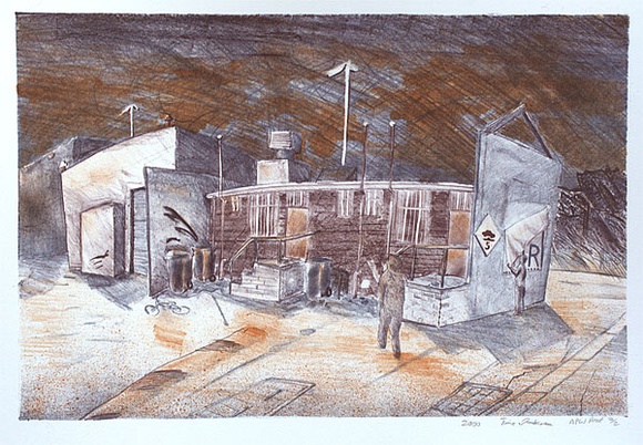 Artist: Juntunen, Timo. | Title: not titled [building and wheelie bins] | Date: 2000, June - July | Technique: lithograph, printed in colour, from multiple stones