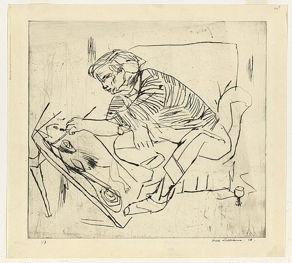 Artist: b'WILLIAMS, Fred' | Title: b'John Perceval painting' | Date: 1958 | Technique: b'drypoint, printed in black ink, from one copper plate; touched with pencil' | Copyright: b'\xc2\xa9 Fred Williams Estate' Artist: b'WILLIAMS, Fred' | Title: b'John Perceval painting' | Date: 1958 | Technique: b'drypoint, printed in black ink, from one copper plate; touched with pencil' | Copyright: b'\xc2\xa9 Fred Williams Estate'