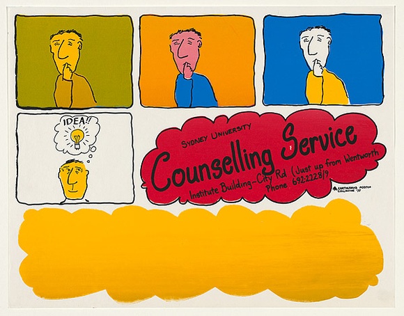 Artist: b'EARTHWORKS POSTER COLLECTIVE' | Title: b'Sydney University counselling service' | Date: 1977 | Technique: b'screenprint, printed in colour, from multiple stencils' Artist: b'EARTHWORKS POSTER COLLECTIVE' | Title: b'Sydney University counselling service' | Date: 1977 | Technique: b'screenprint, printed in colour, from multiple stencils'
