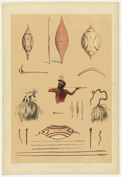 Artist: b'Angas, George French.' | Title: b'Native weapons and implements.' | Date: 1846-47 | Technique: b'lithograph, printed in colour, from multiple stones; varnish highlights by brush' Artist: b'Angas, George French.' | Title: b'Native weapons and implements.' | Date: 1846-47 | Technique: b'lithograph, printed in colour, from multiple stones; varnish highlights by brush'