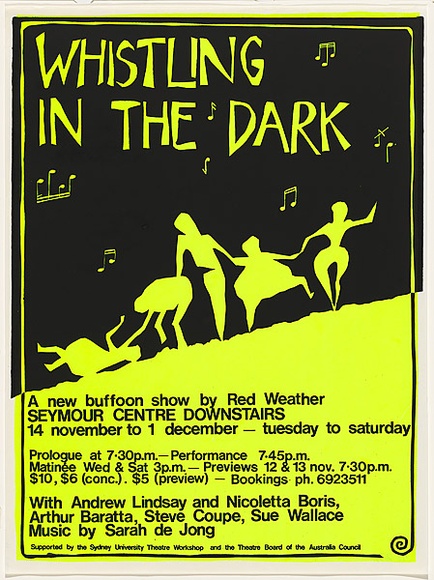 Artist: b'Boris, Nicoletta.' | Title: b'Whistling in the Dark. A new buffoon show by Red Weather.' | Date: 1984 | Technique: b'screenprint, printed in colour, from two stencils' Artist: b'Boris, Nicoletta.' | Title: b'Whistling in the Dark. A new buffoon show by Red Weather.' | Date: 1984 | Technique: b'screenprint, printed in colour, from two stencils'