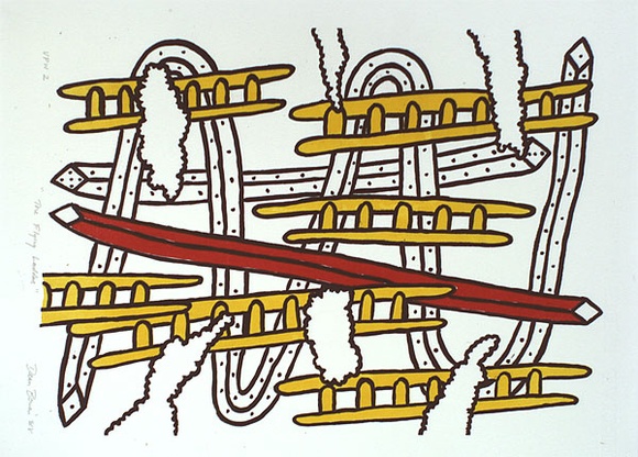 Artist: b'Bowen, Dean.' | Title: b'The flying ladders' | Date: 1988 | Technique: b'lithograph, printed in colour, from three stones' Artist: b'Bowen, Dean.' | Title: b'The flying ladders' | Date: 1988 | Technique: b'lithograph, printed in colour, from three stones'