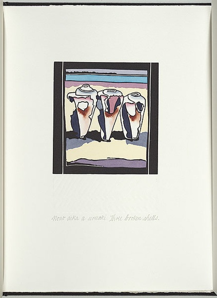 Artist: b'White, Robin.' | Title: b'Not titled (three broken shells).' | Date: 1985 | Technique: b'woodcut, printed in black ink, from one block; handcoloured' Artist: b'White, Robin.' | Title: b'Not titled (three broken shells).' | Date: 1985 | Technique: b'woodcut, printed in black ink, from one block; handcoloured'
