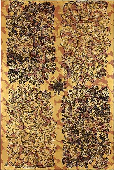 Artist: b'REDBACK GRAPHIX' | Title: b'Wrapping paper: Gold' | Date: 1986 | Technique: b'screenprint, printed in colour, from three stencils' Artist: b'REDBACK GRAPHIX' | Title: b'Wrapping paper: Gold' | Date: 1986 | Technique: b'screenprint, printed in colour, from three stencils'