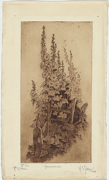 Artist: b'PERCY, W.S.' | Title: b'Hollyhocks.' | Date: 1922 | Technique: b'etching, printed in brown ink, from one plate'
