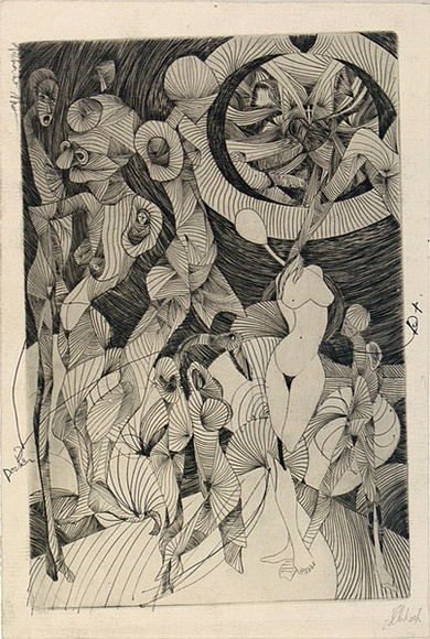 Artist: b'SHOMALY, Alberr' | Title: b'Man and universe' | Date: 1968 | Technique: b'engraving, printed in black ink, from one copper plate; additions in pencil and black ink' Artist: b'SHOMALY, Alberr' | Title: b'Man and universe' | Date: 1968 | Technique: b'engraving, printed in black ink, from one copper plate; additions in pencil and black ink'