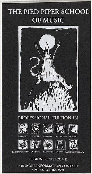 Artist: b'Ranger, Cindy.' | Title: b'The Pied Piper School of Music (small)' | Date: 1991, December | Technique: b'screenprint, printed in black ink, from one stencil' Artist: b'Ranger, Cindy.' | Title: b'The Pied Piper School of Music (small)' | Date: 1991, December | Technique: b'screenprint, printed in black ink, from one stencil'