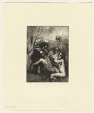 Artist: Shead, Garry. | Title: not titled [five figures under tree] | Technique: etching and aquatint, printed in black ink, from one plate | Copyright: © Garry Shead