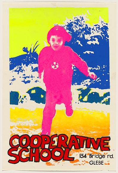 Artist: b'Morrow, David.' | Title: b'Co-operative school - Glebe.' | Date: 1980 | Technique: b'screenprint, printed in colour, from five stencils' Artist: b'Morrow, David.' | Title: b'Co-operative school - Glebe.' | Date: 1980 | Technique: b'screenprint, printed in colour, from five stencils'