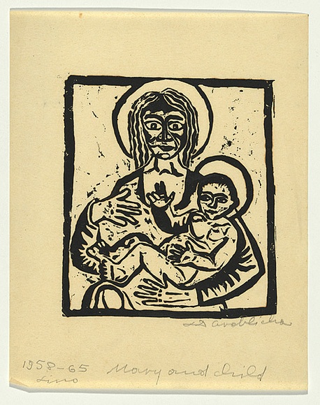 Artist: b'Groblicka, Lidia.' | Title: b'Mary and child' | Date: 1958 | Technique: b'linocut, printed in black ink, from one block' Artist: b'Groblicka, Lidia.' | Title: b'Mary and child' | Date: 1958 | Technique: b'linocut, printed in black ink, from one block'