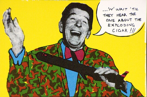 Title: b'Postcard: Wait til they hear the one about the exploding cigar (Reagan).' | Date: 1984 | Technique: b'screenprint, printed in colour, from multiple stencils' Title: b'Postcard: Wait til they hear the one about the exploding cigar (Reagan).' | Date: 1984 | Technique: b'screenprint, printed in colour, from multiple stencils'