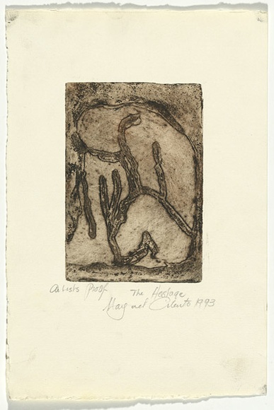 Artist: b'Cilento, Margaret.' | Title: b'The hostage.' | Date: 1993 | Technique: b'etching and aquatint, printed in brown/black ink with plate-tone, from one plate' Artist: b'Cilento, Margaret.' | Title: b'The hostage.' | Date: 1993 | Technique: b'etching and aquatint, printed in brown/black ink with plate-tone, from one plate'